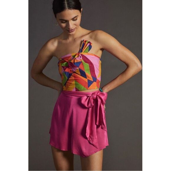 NEW Anthropologie Maeve Silky Pink Bow-Tie Waist Button Skirt Short Skort Size 4 - Picture 1 of 4